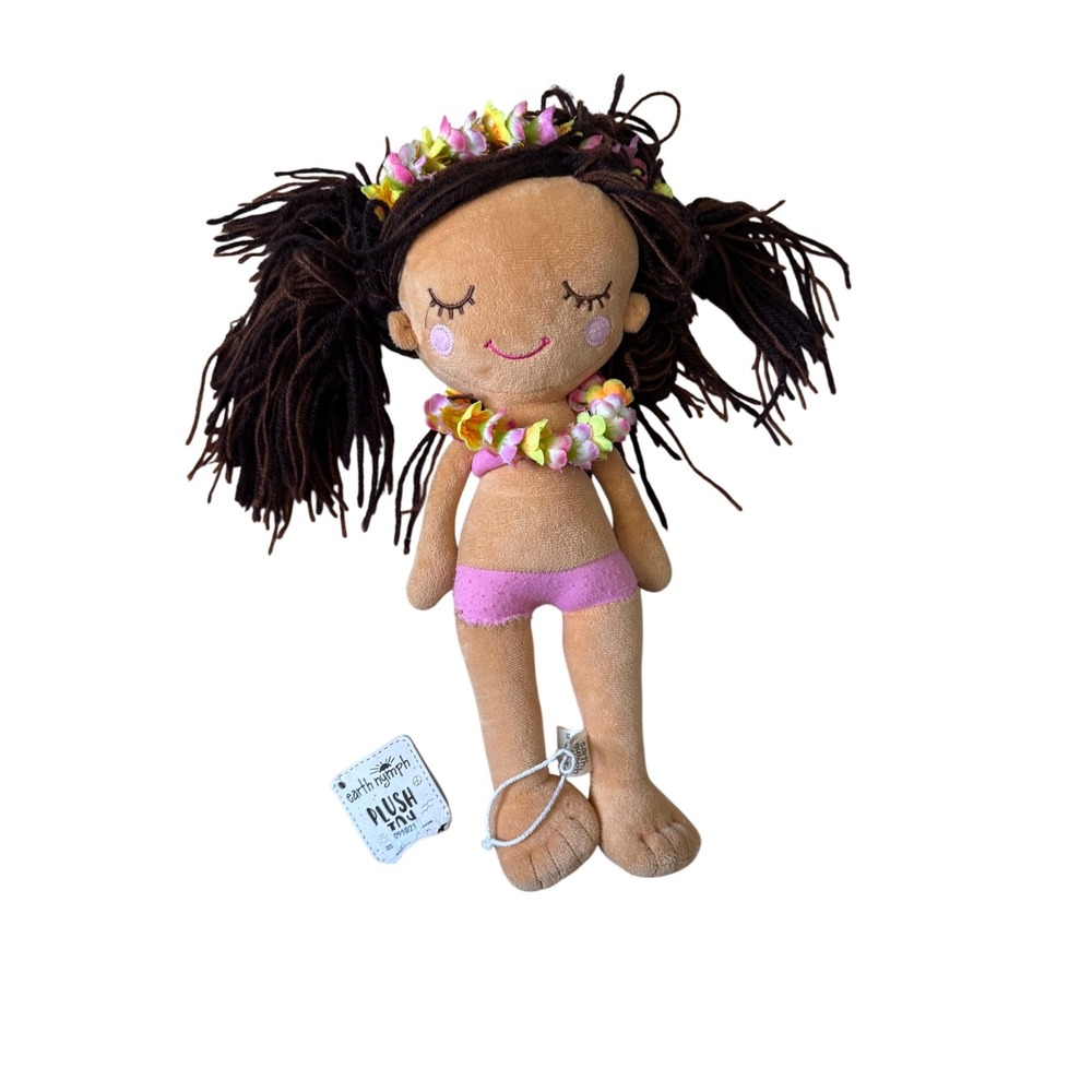 EARTH NYMPH PLUSH DOLL FIGURE LANI HAWAIIAN BLACK YARN HAIR TAN‎ HULA GIRL TOY